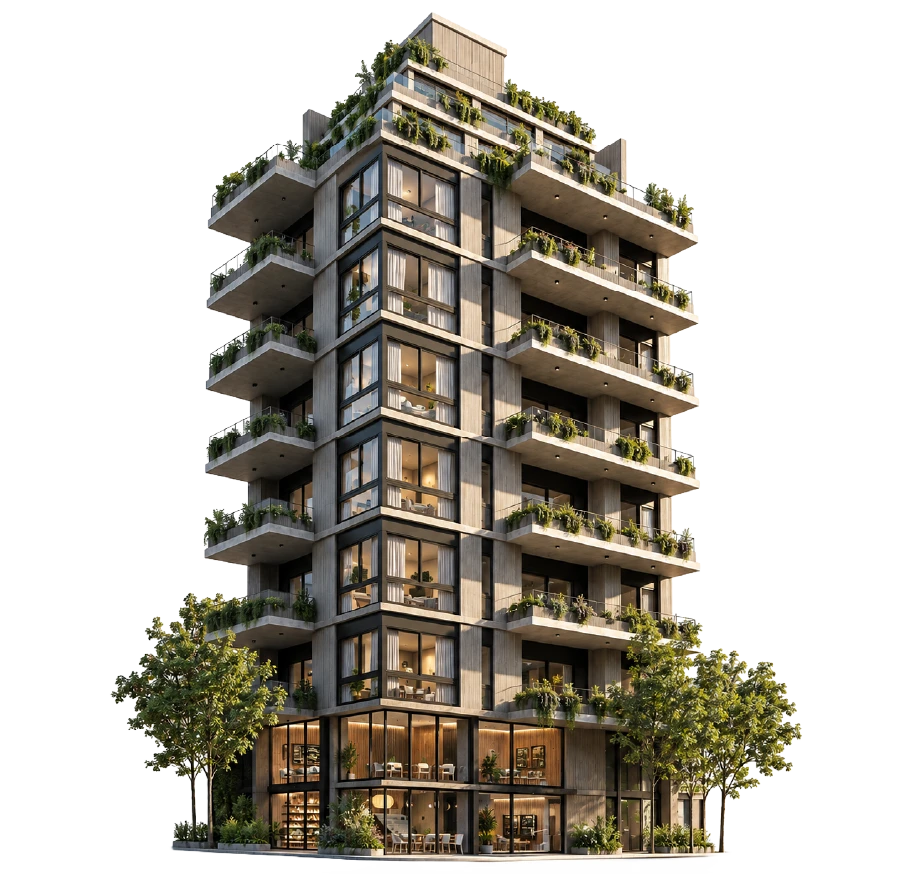 Render de Forest Corner, edificio con balcones verdes en Av. Forest 1398