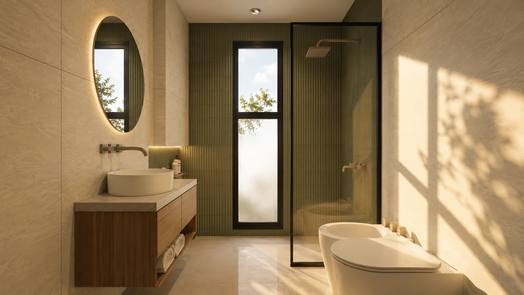 Baño completo con luz natural y ducha vidriada