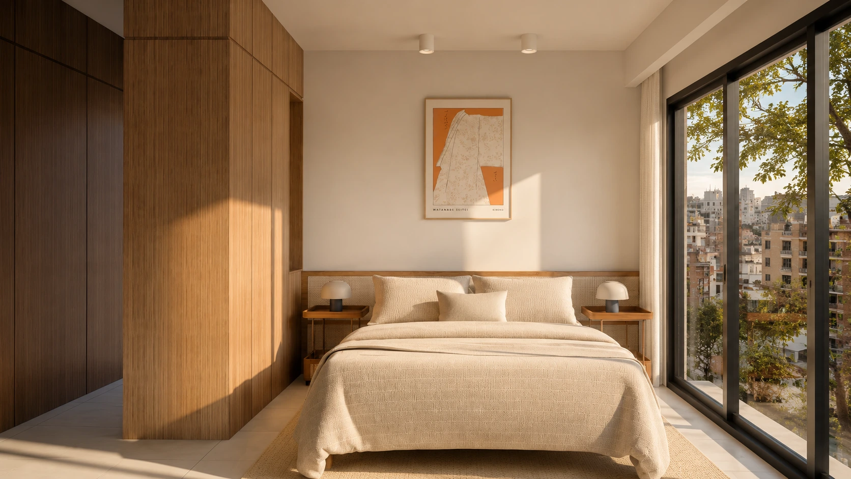 Dormitorio con placard y ventanal al balcón