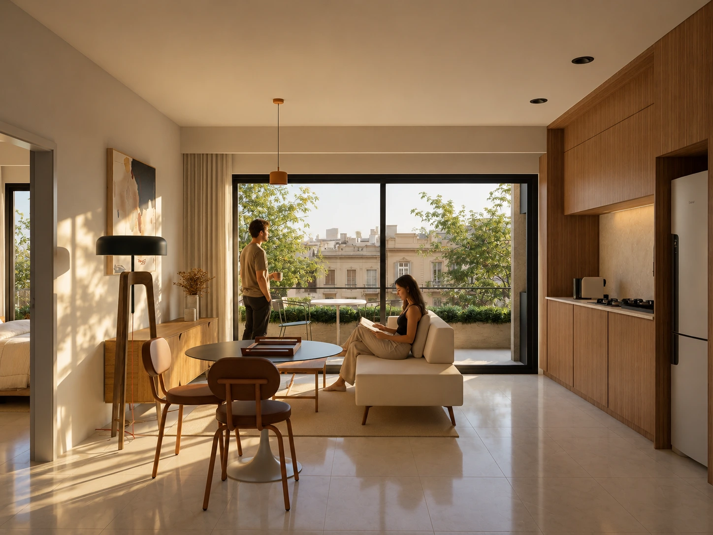 Living con cocina integrada y salida al balcón