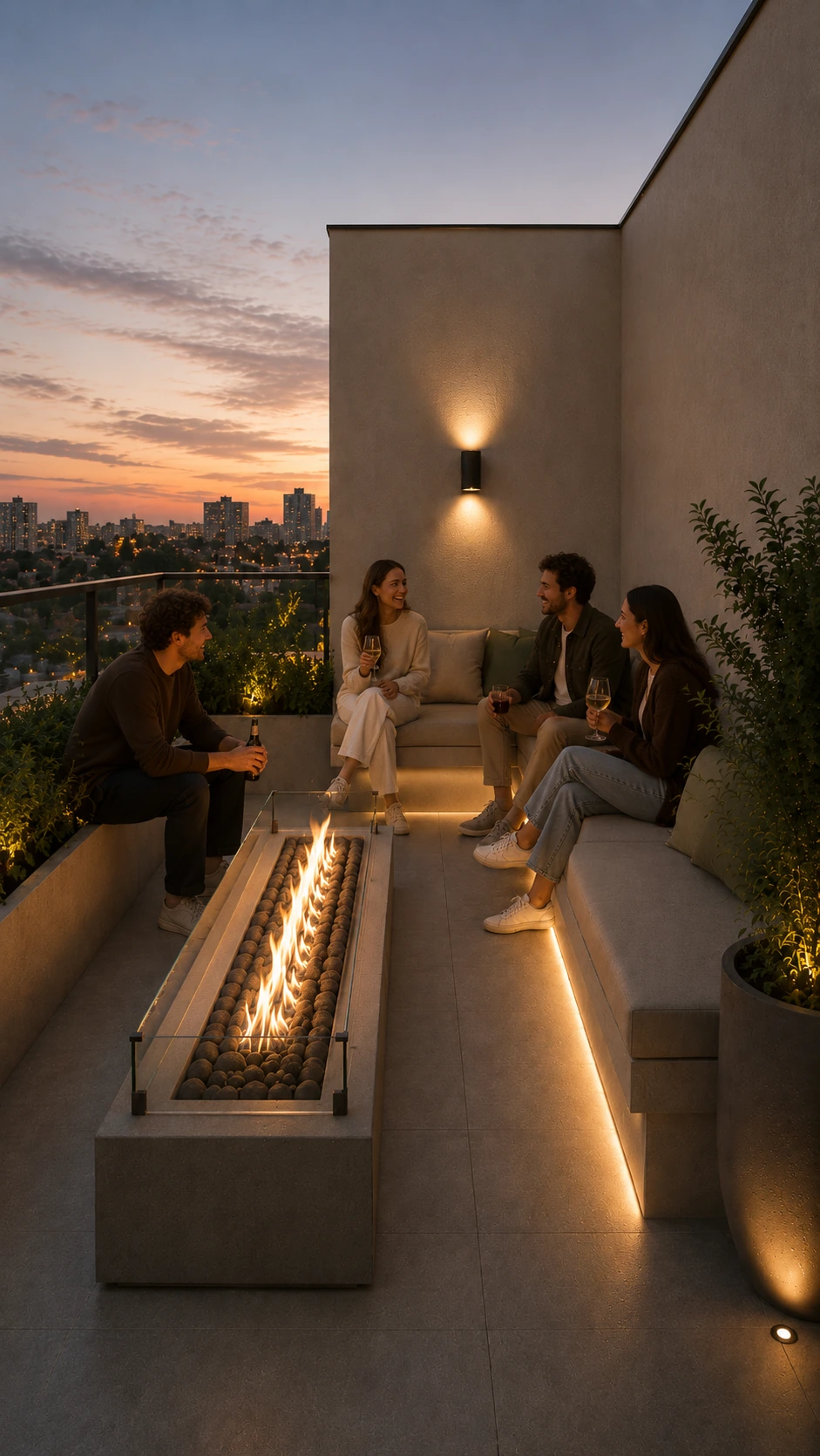 Rooftop al atardecer con fogonero y espacio de encuentro