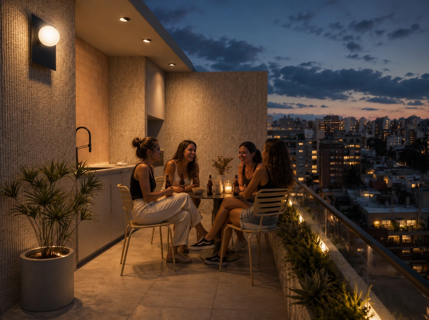 Encuentro nocturno en el balcón con vistas a la ciudad
