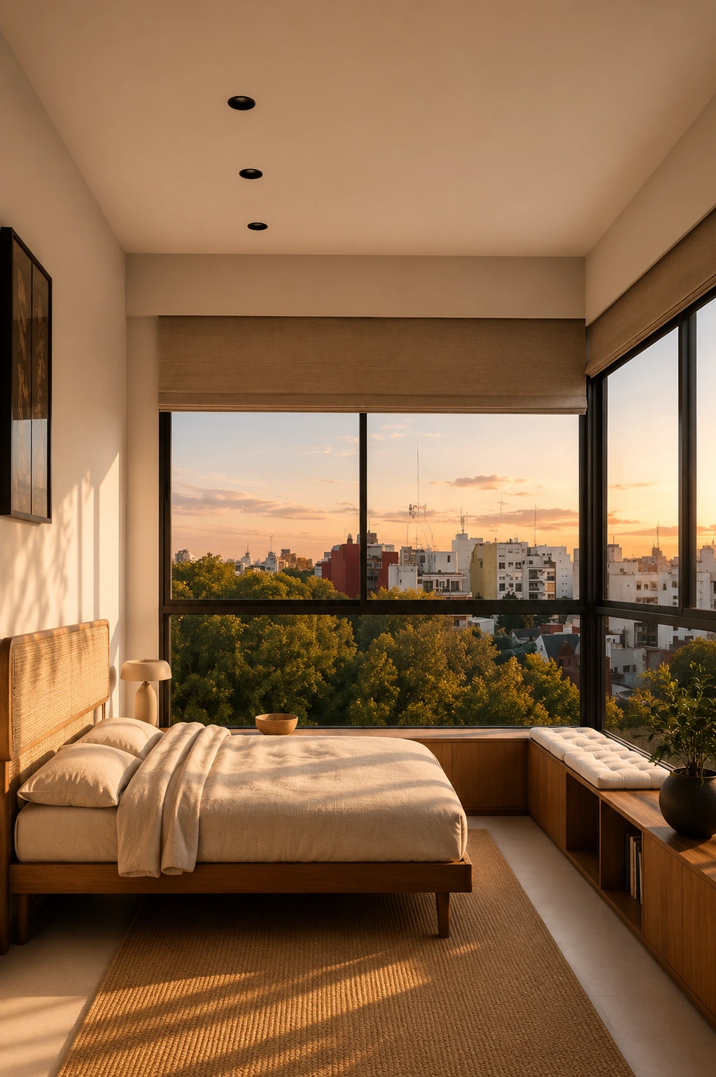 Dormitorio de esquina con ventanales al atardecer
