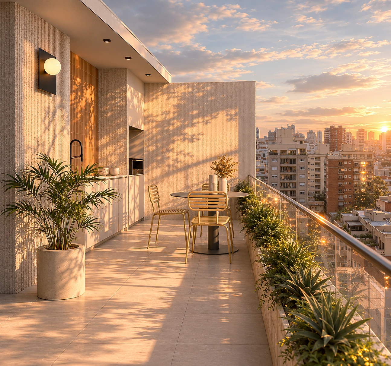 Balcón con parrilla, mesa y vistas al atardecer