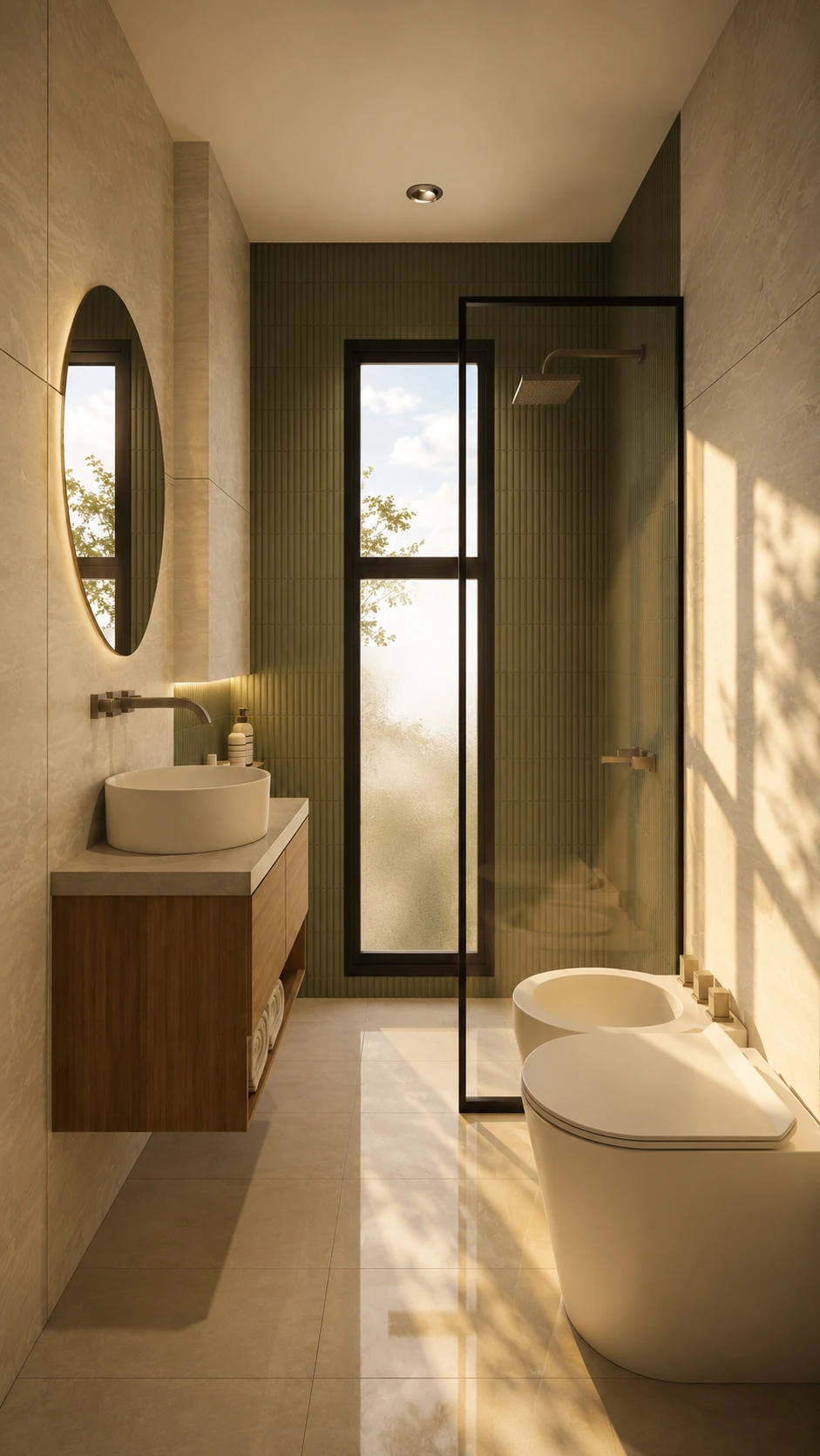 Detalle de baño con lavabo y ducha vidriada